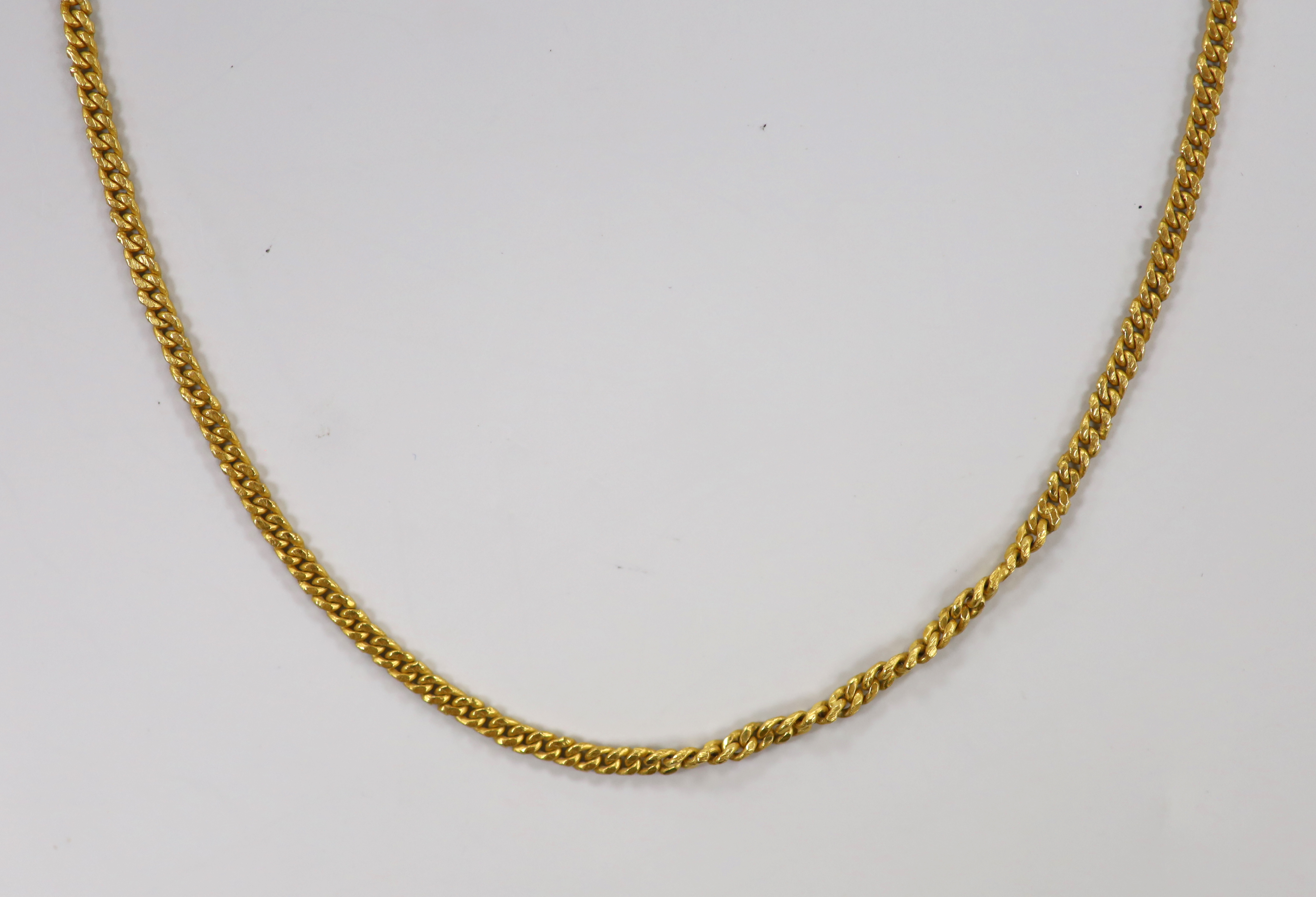 A yellow metal fine link chain with guard link clasp, stamped 0.916, 55cm, 12.4 grams.